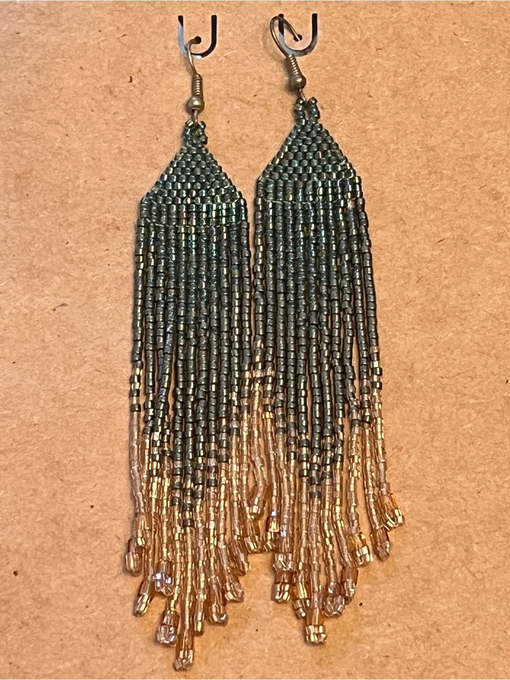 Handmade Two-Tone Green and Gold Beaded Fringe Earrings